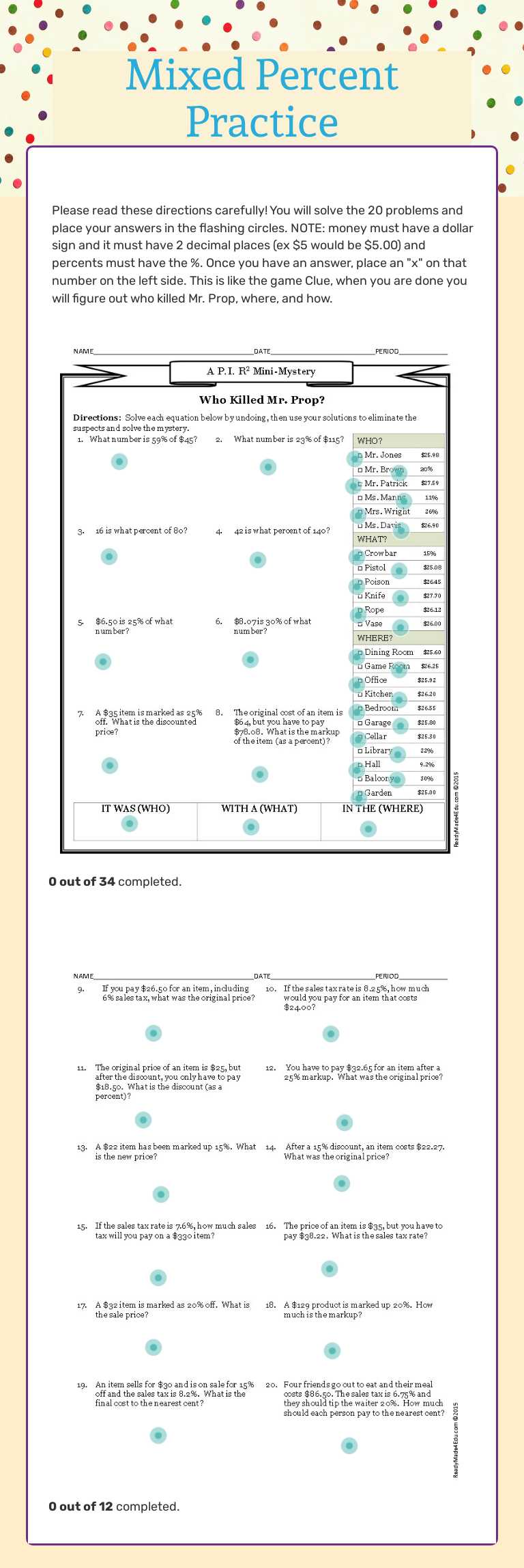Mixed Percent Practice worksheet preview image