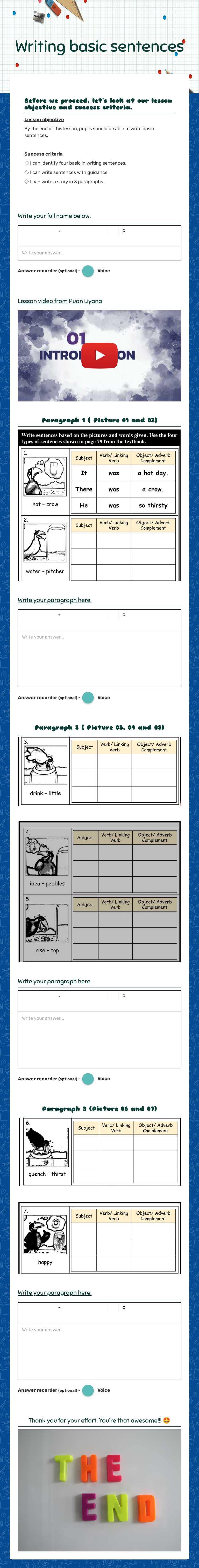 Writing basic sentences worksheet preview image