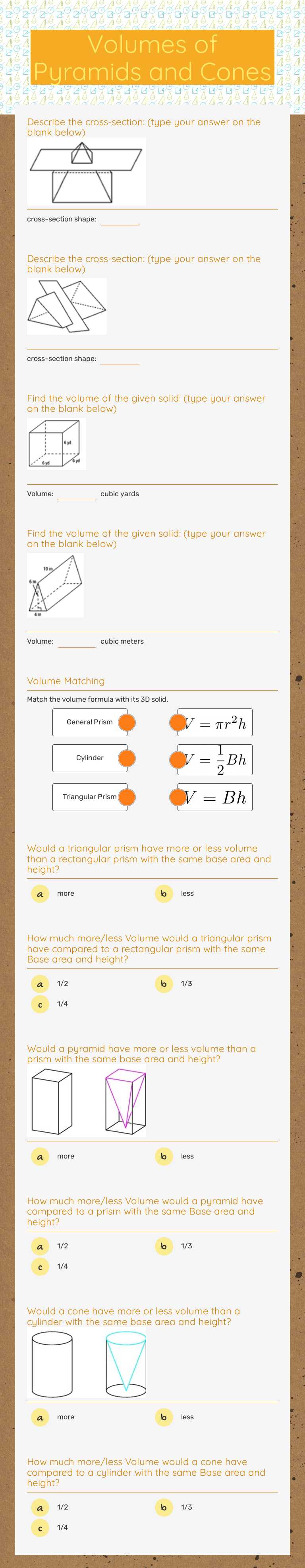 Volumes of Pyramids and Cones worksheet preview image