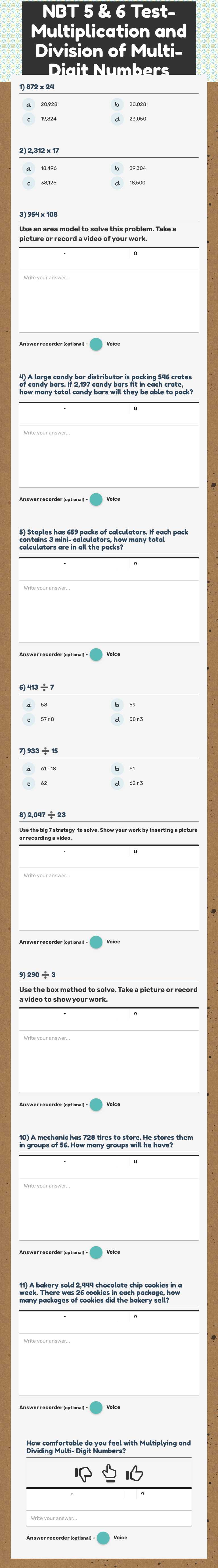 NBT 5 & 6 Test- Multiplication and Division of Multi- Digit Numbers Grade 5 worksheet preview