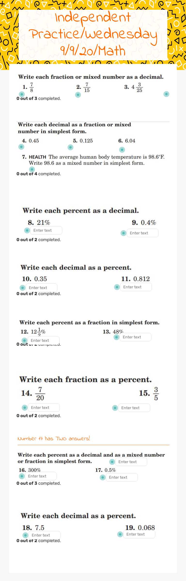 Independent Practice/Wednesday 9/9/20/Math worksheet preview image