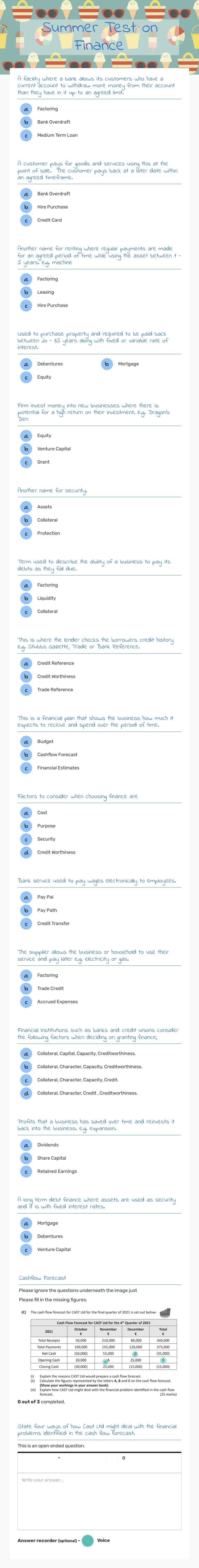 Summer Test on Finance worksheet preview