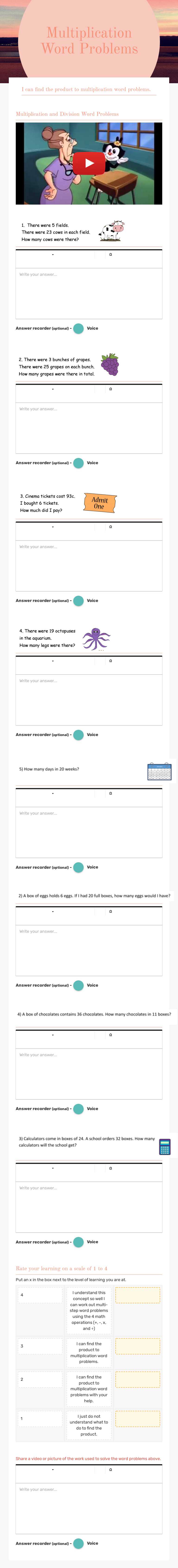 Multiplication Word Problems worksheet preview image