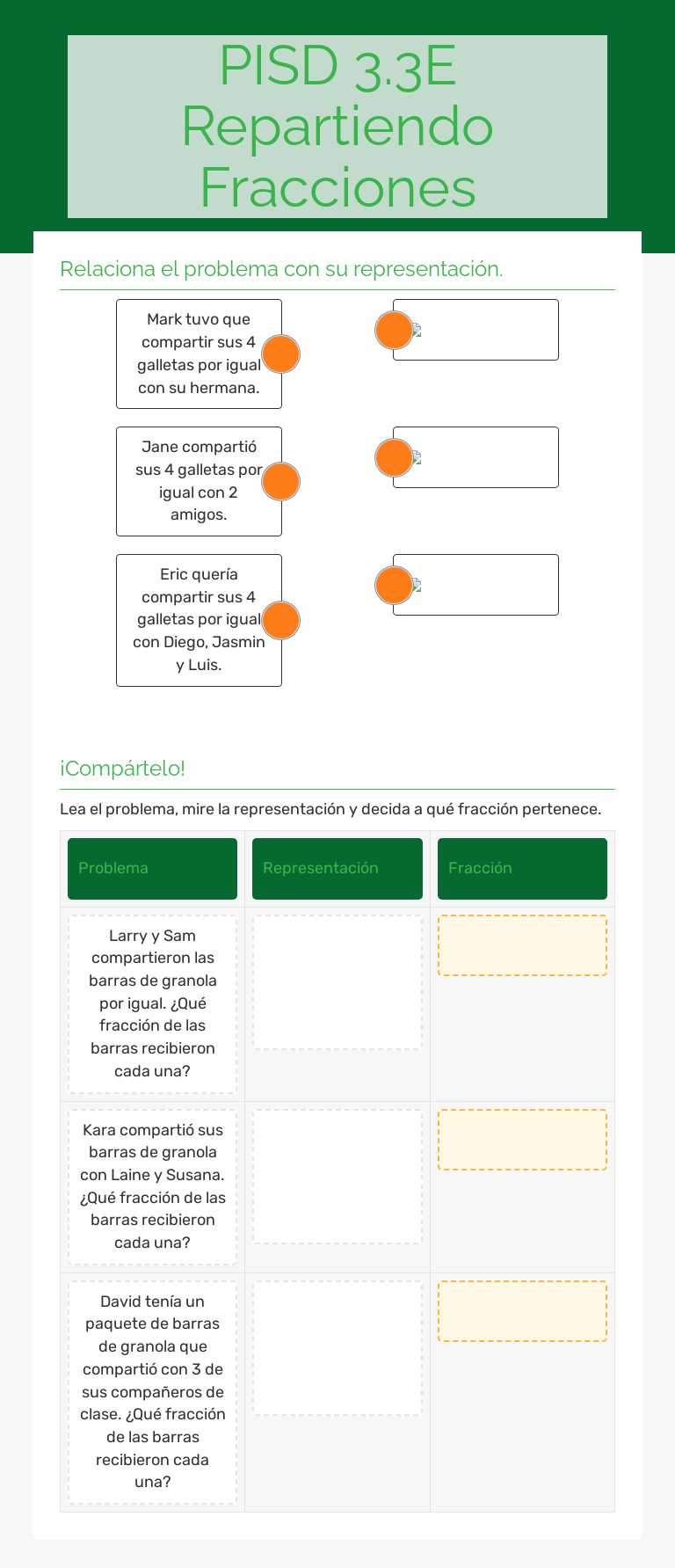 PISD 3.3E Repartiendo Fracciones Grade 3 worksheet preview