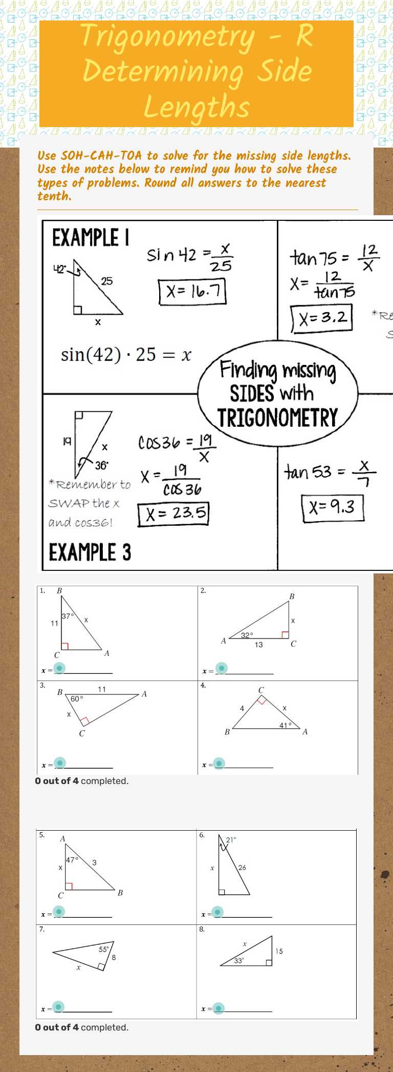 Trigonometry - R    Determining Side Lengths worksheet preview image