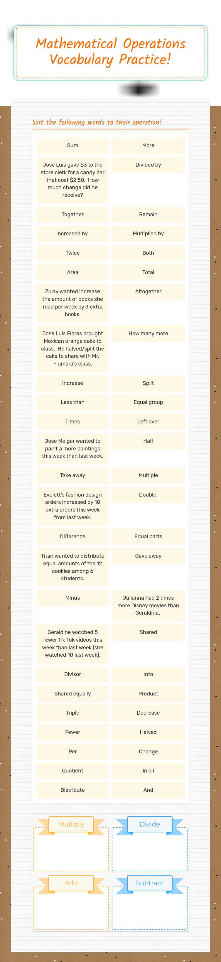 Mathematical Operations Vocabulary Practice! Grade 4 worksheet preview