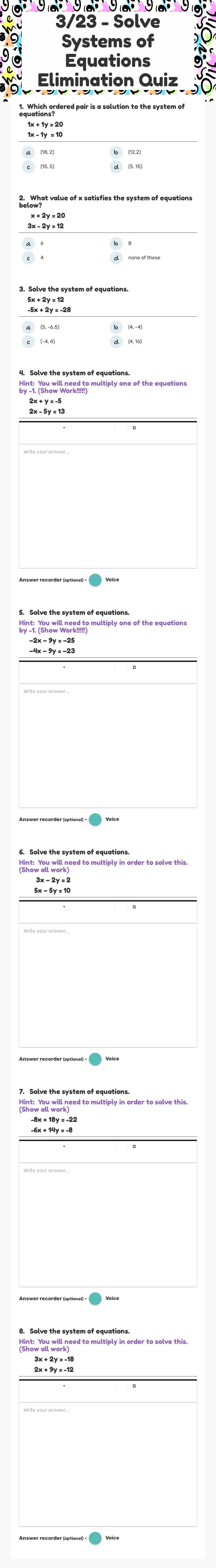 3/23 - Solve Systems of Equations Elimination Quiz worksheet preview image