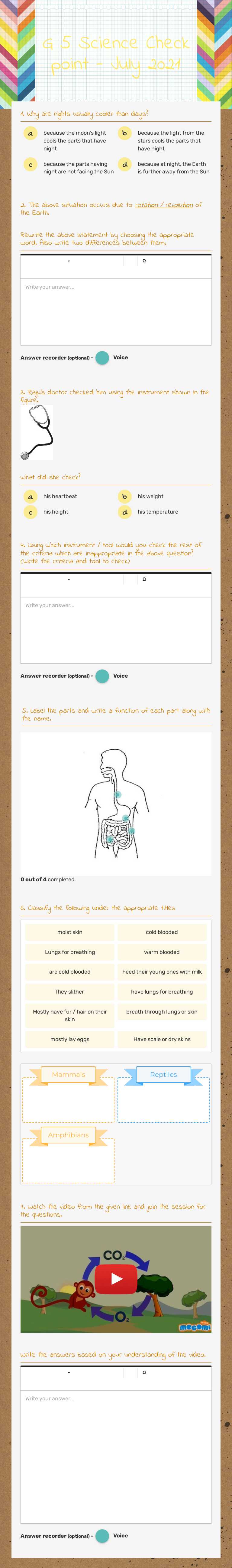 G 5 Science Check point - July 2021 worksheet preview image