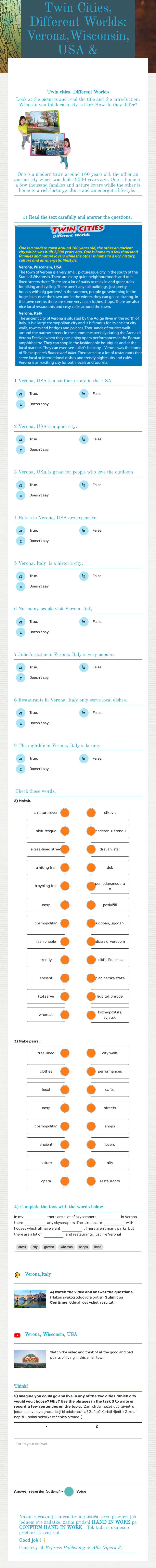Twin Cities, Different Worlds: Verona,Wisconsin,USA & Verona,Italy worksheet preview image