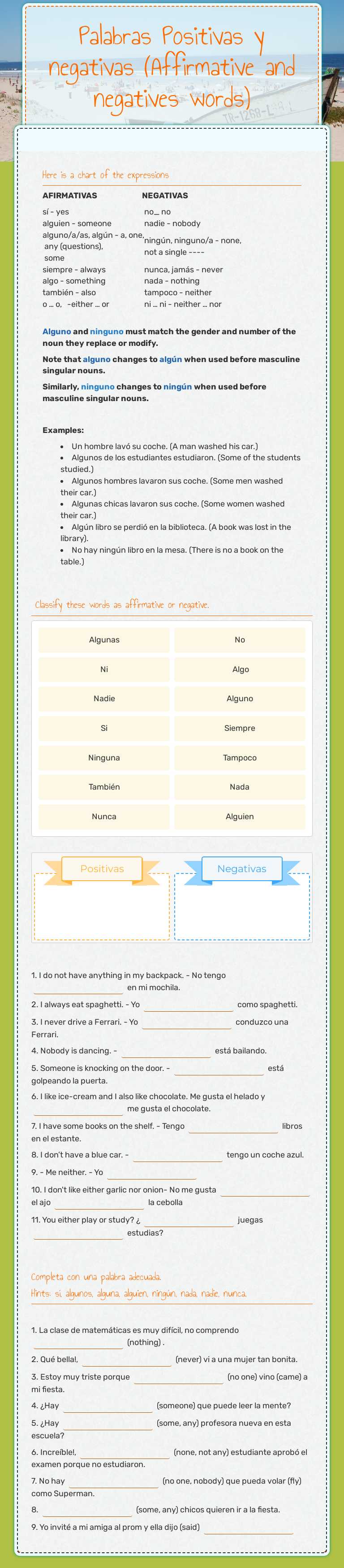 Palabras Positivas y negativas (Affirmative and negatives words) worksheet preview