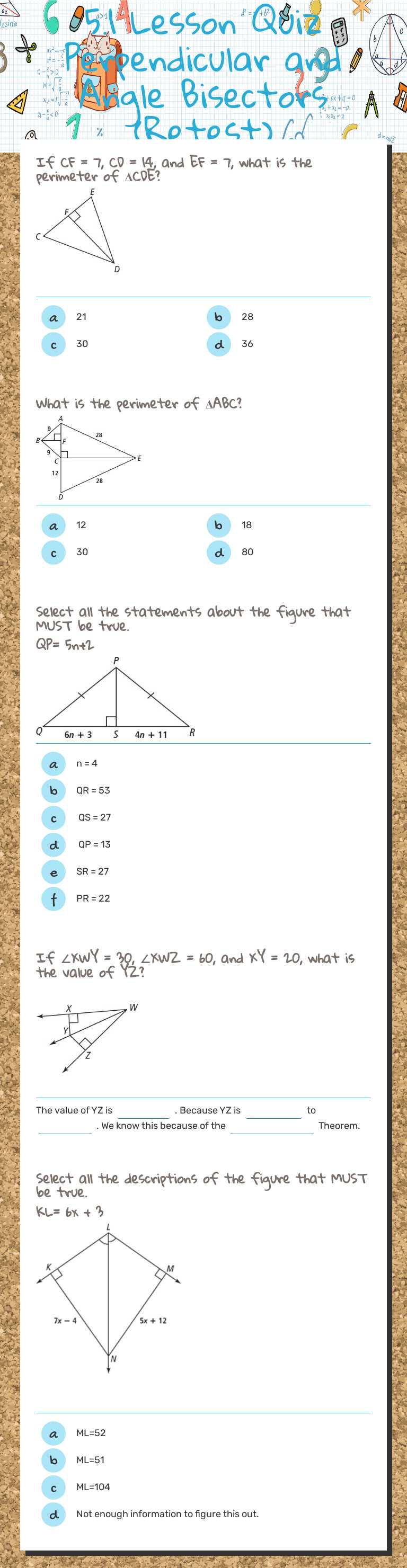 5.1 Lesson Quiz  Perpendicular and Angle Bisectors (Retest) worksheet preview image