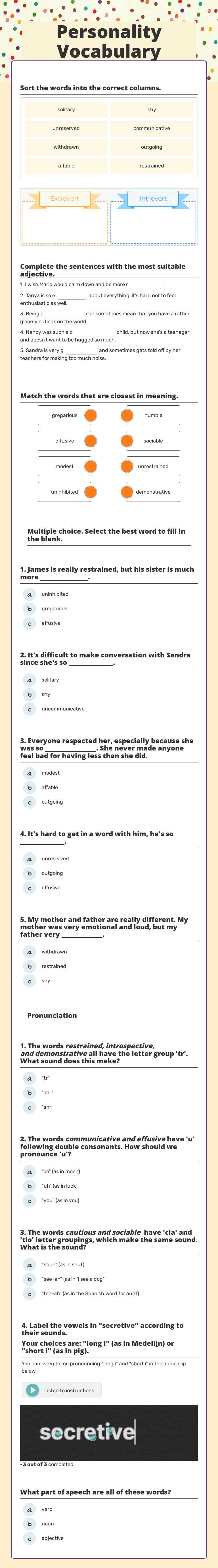 Personality Vocabulary Grade 11 worksheet preview