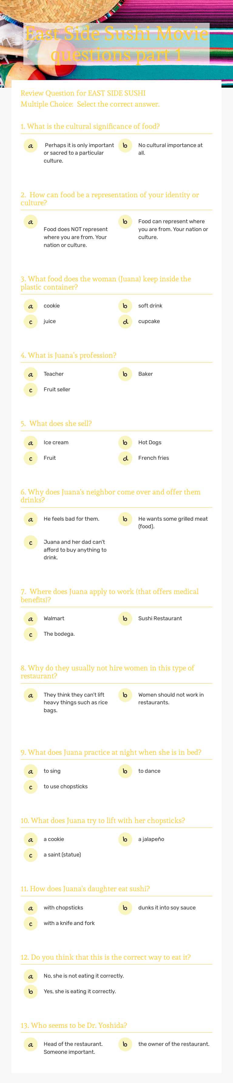 East Side Sushi Movie questions part 1 worksheet preview image
