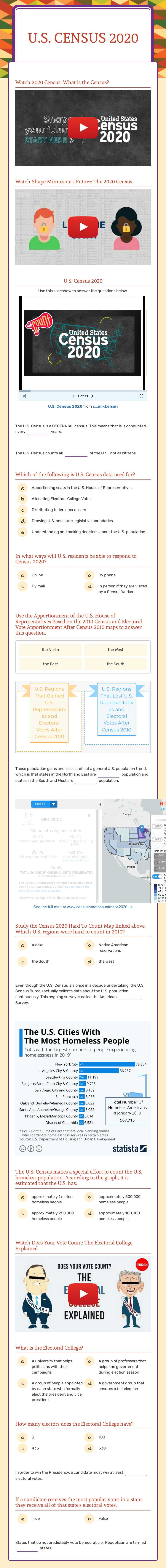 U.S. Census 2020 Grade 8 worksheet preview