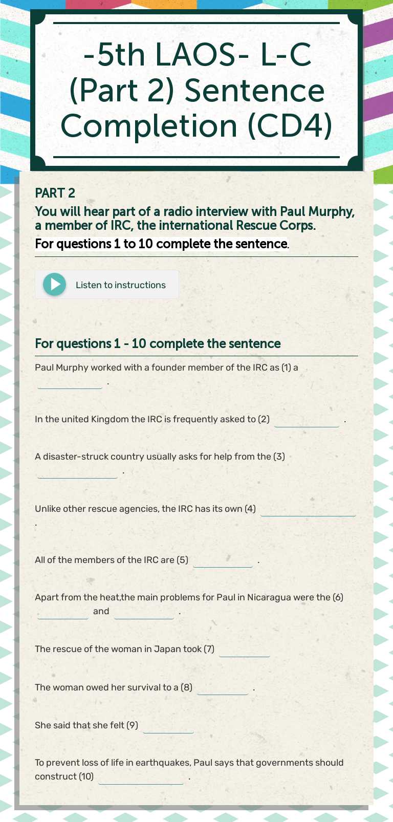 -5th LAOS-
L-C (Part 2) Sentence Completion
(CD4) worksheet preview image