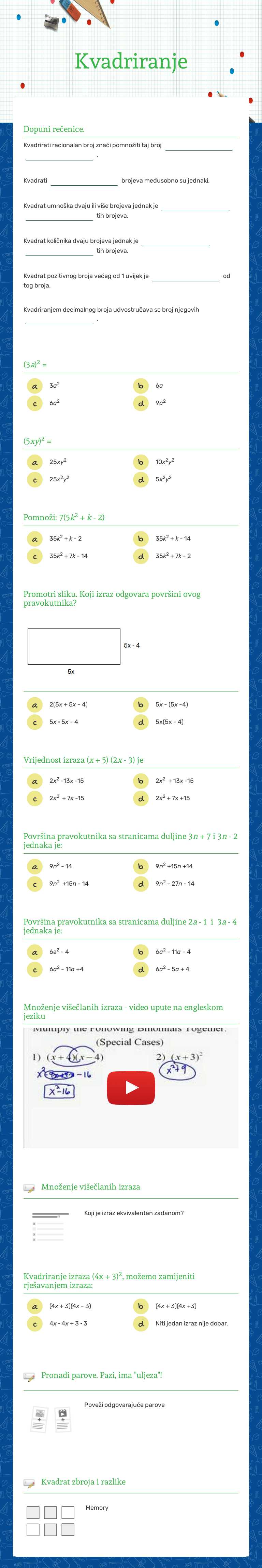 Kvadriranje worksheet preview image
