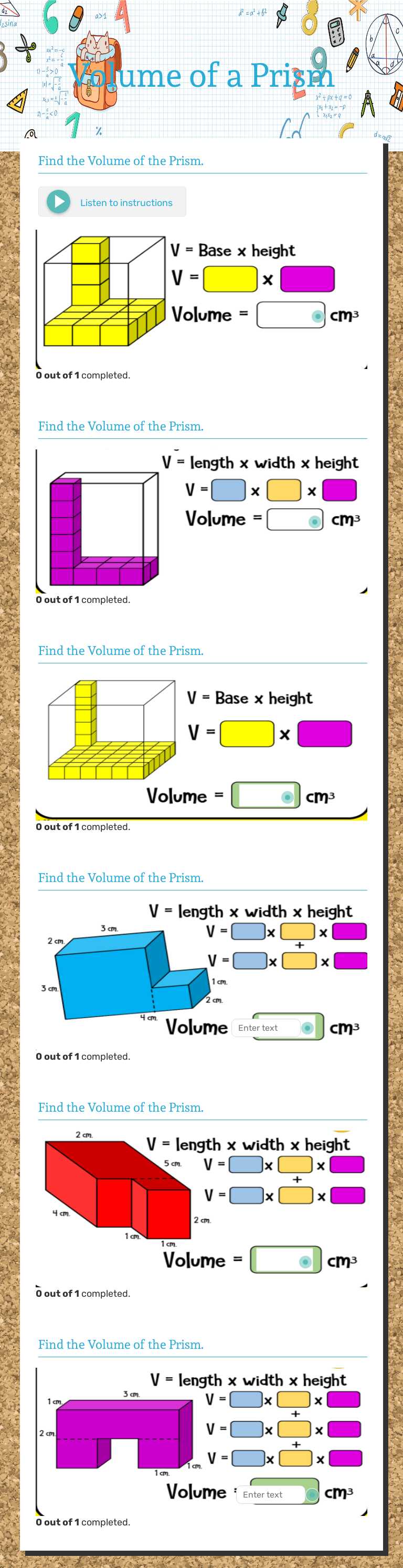 Volume of a Prism worksheet preview image