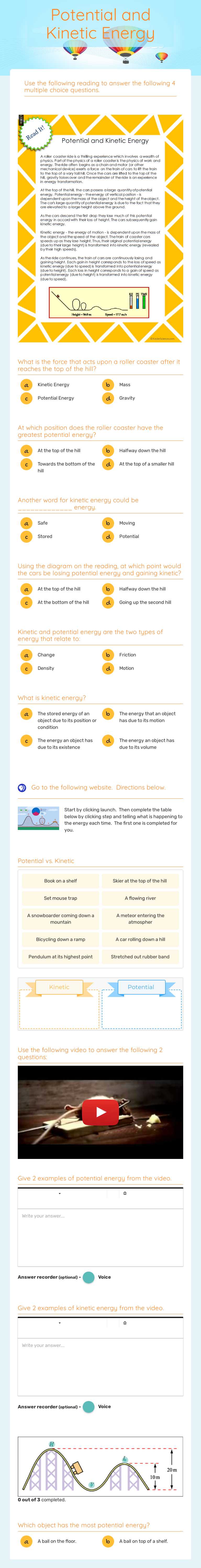 Potential and Kinetic Energy worksheet preview image