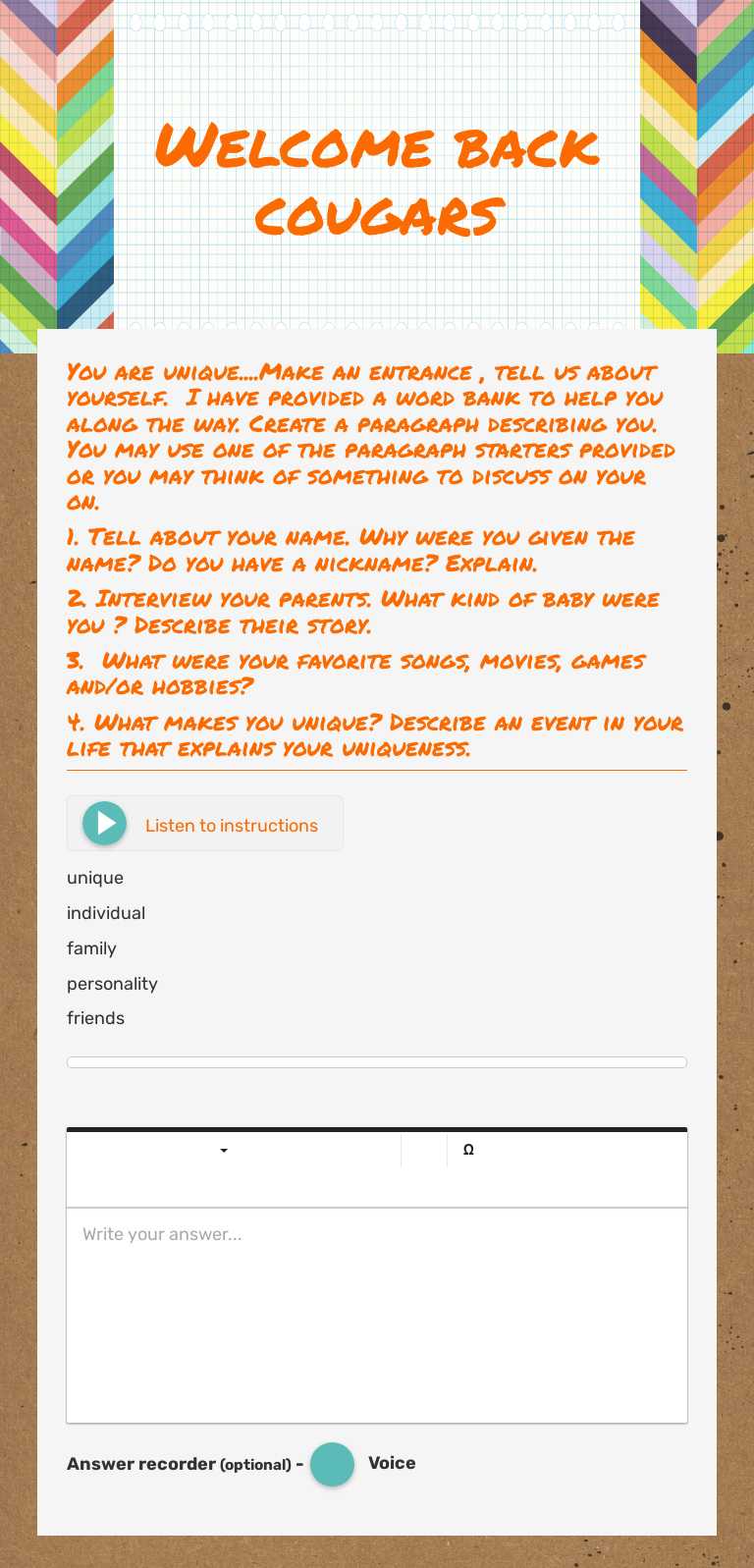 Welcome back cougars Grade 6 worksheet preview
