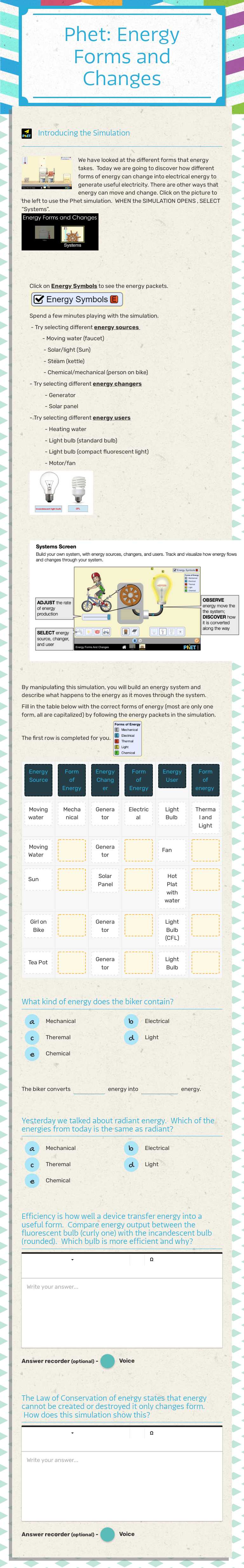 Phet: Energy Forms and Changes worksheet preview image