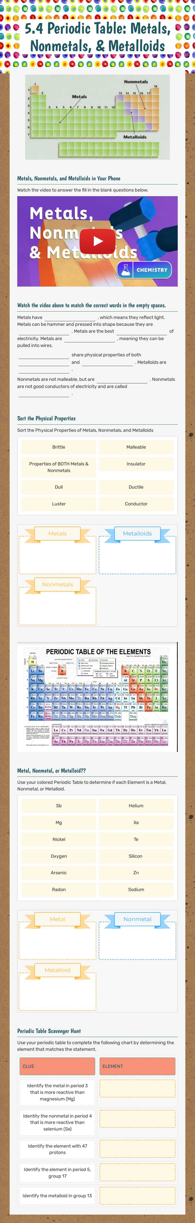 5.4 Periodic Table: Metals, Nonmetals, & Metalloids Grade 8 worksheet preview