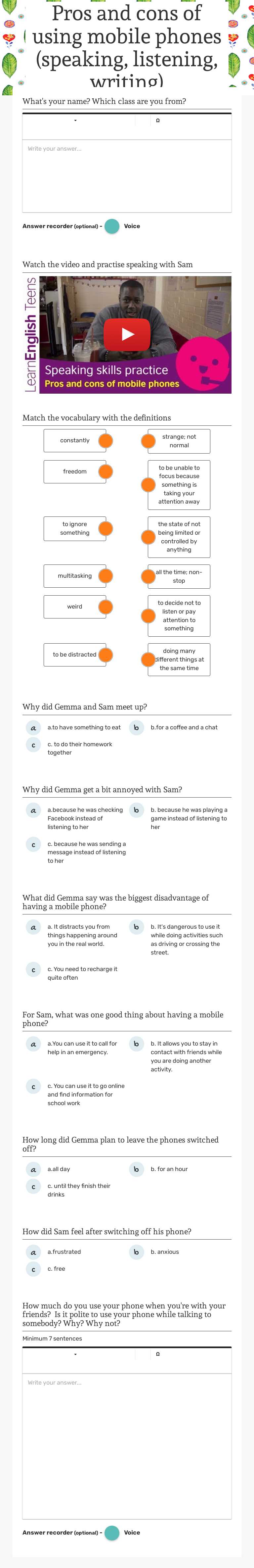 Pros and cons of using mobile phones (speaking, listening, writing) worksheet preview image