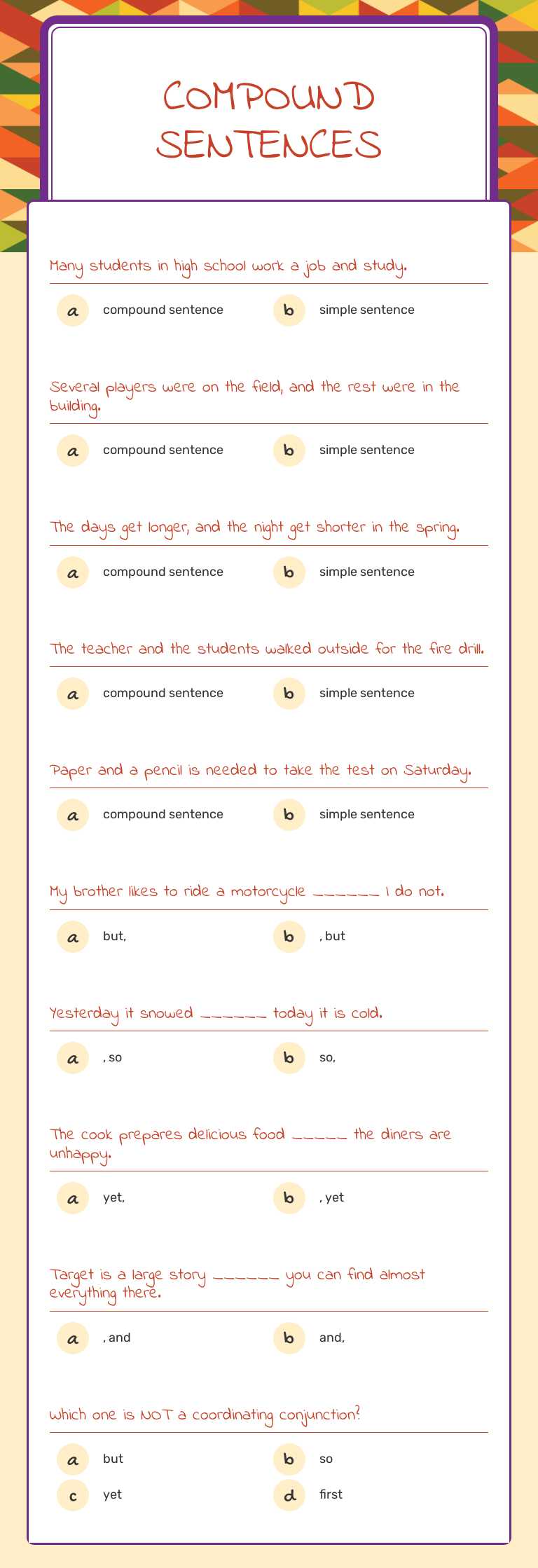 Compound Sentences Grade 10 worksheet preview