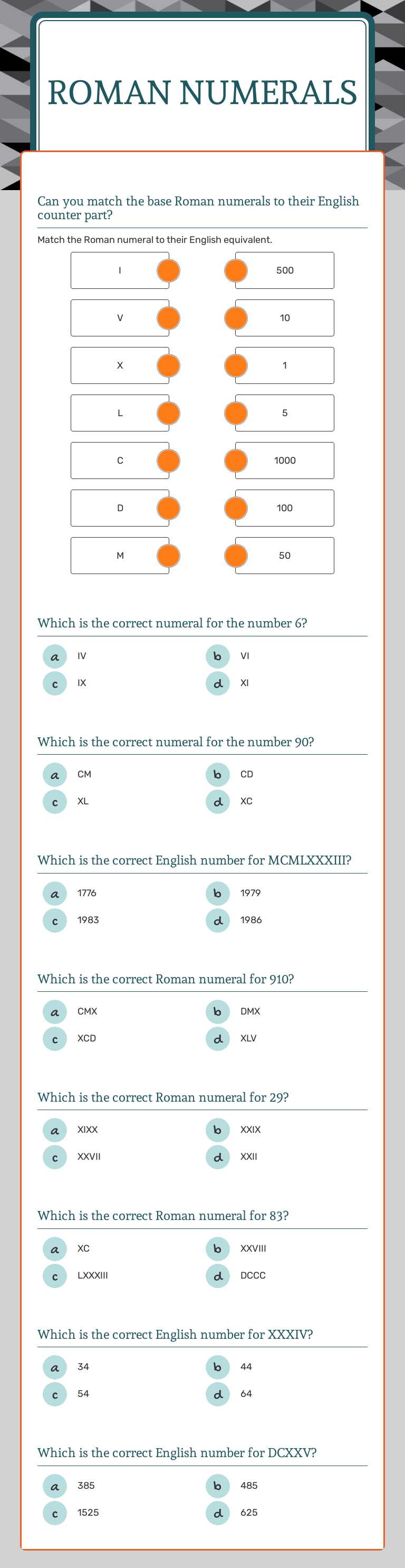 Roman Numerals worksheet preview image