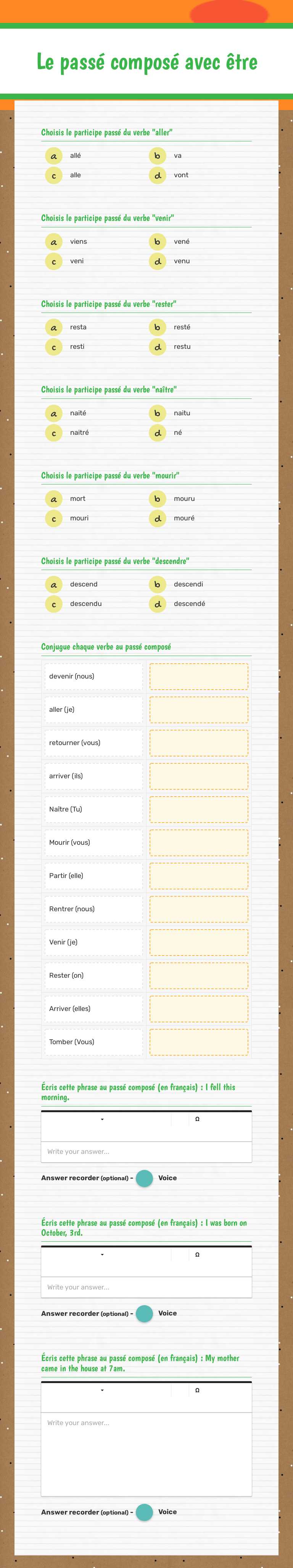 Le passé composé avec être worksheet preview image