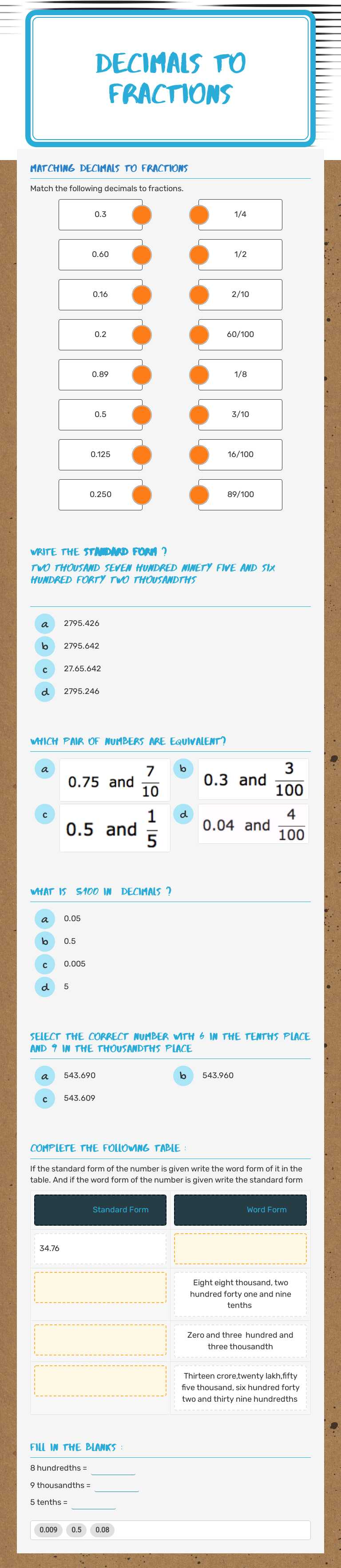 Decimals to Fractions Grade 5 worksheet preview