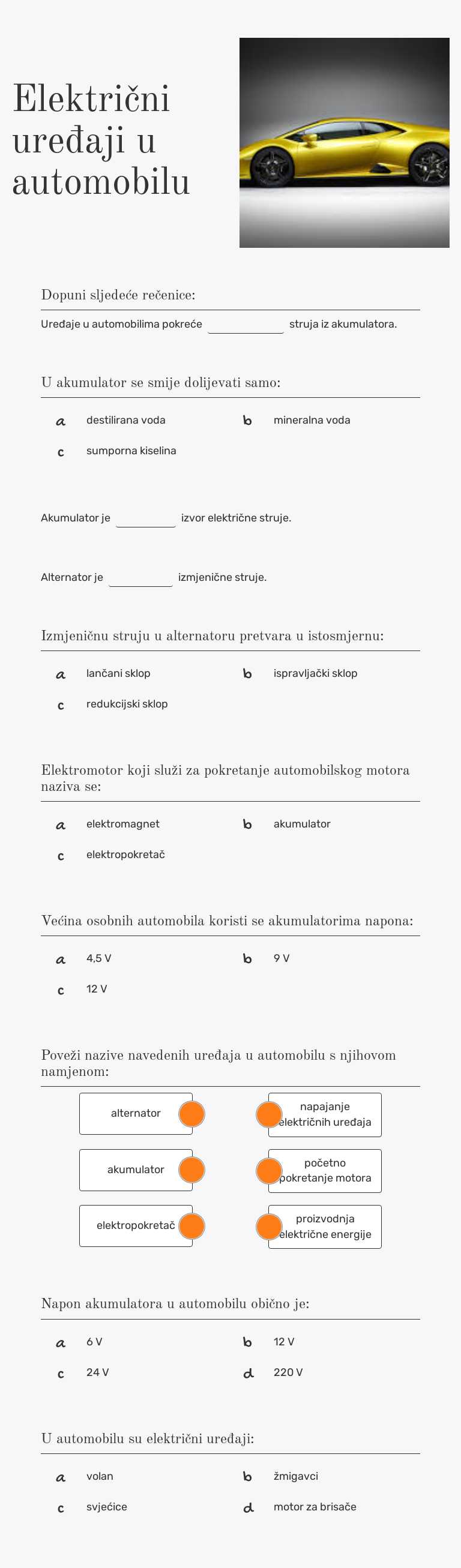 Električni uređaji u automobilu Grade 8 worksheet preview