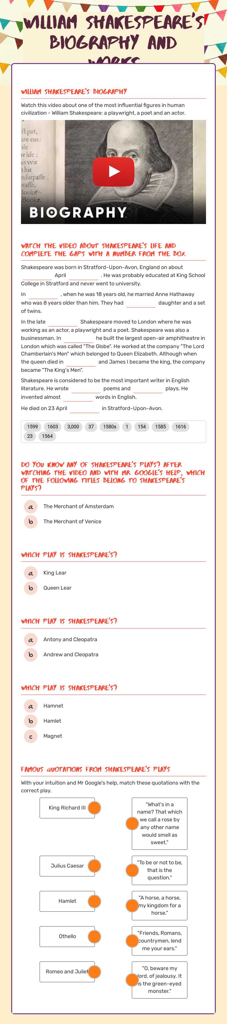 William shakespeare's biography and works worksheet preview image