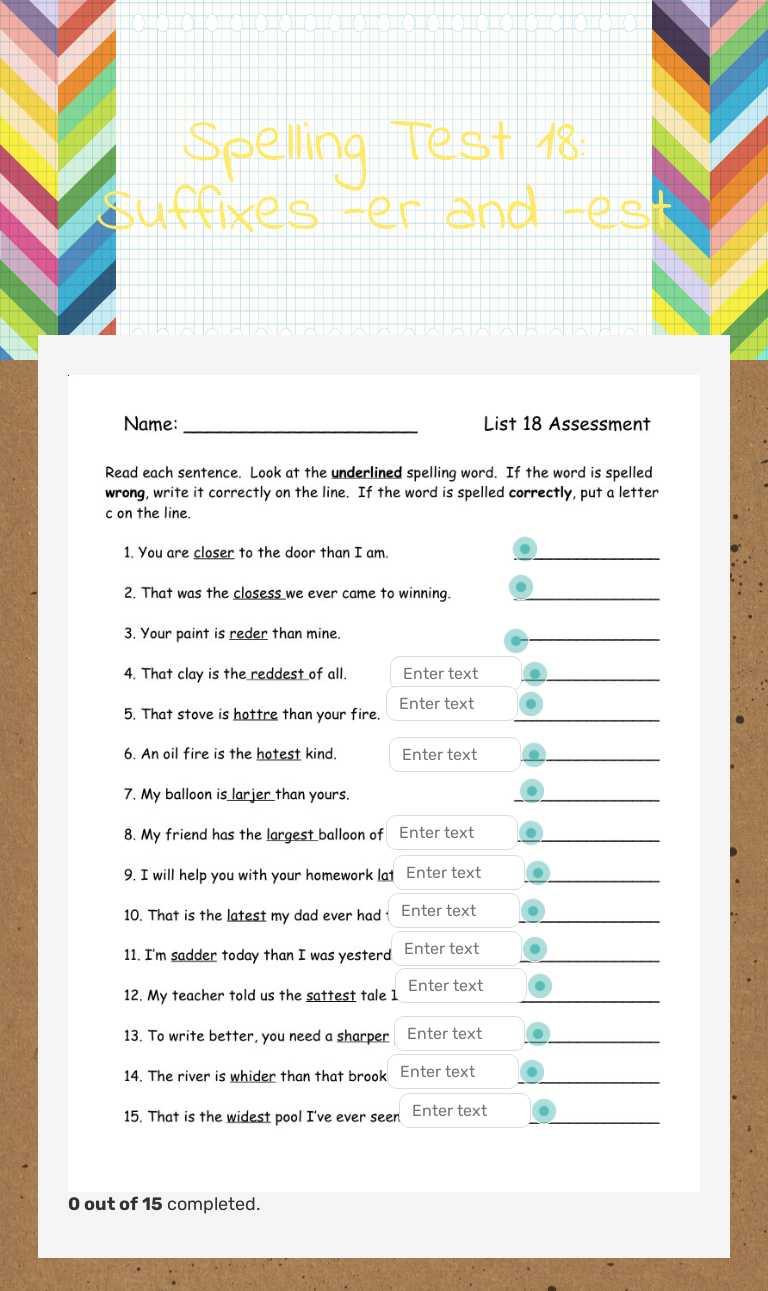 Spelling Test 18: Suffixes  -er and -est Grade 3 worksheet preview