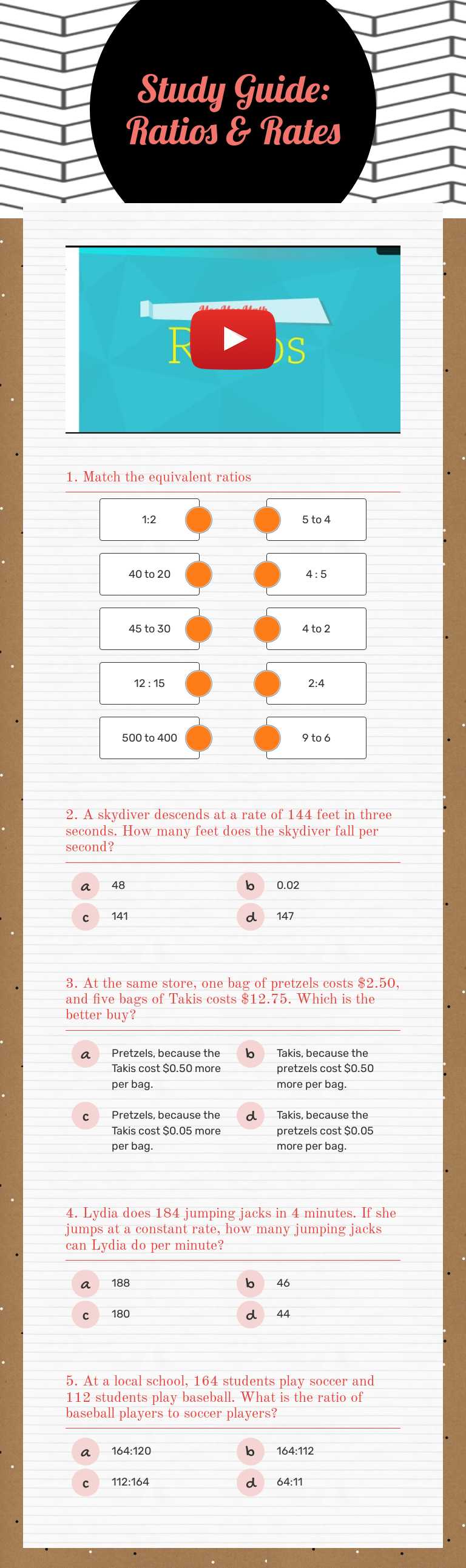 Study Guide: Ratios & Rates Grade 6 worksheet preview