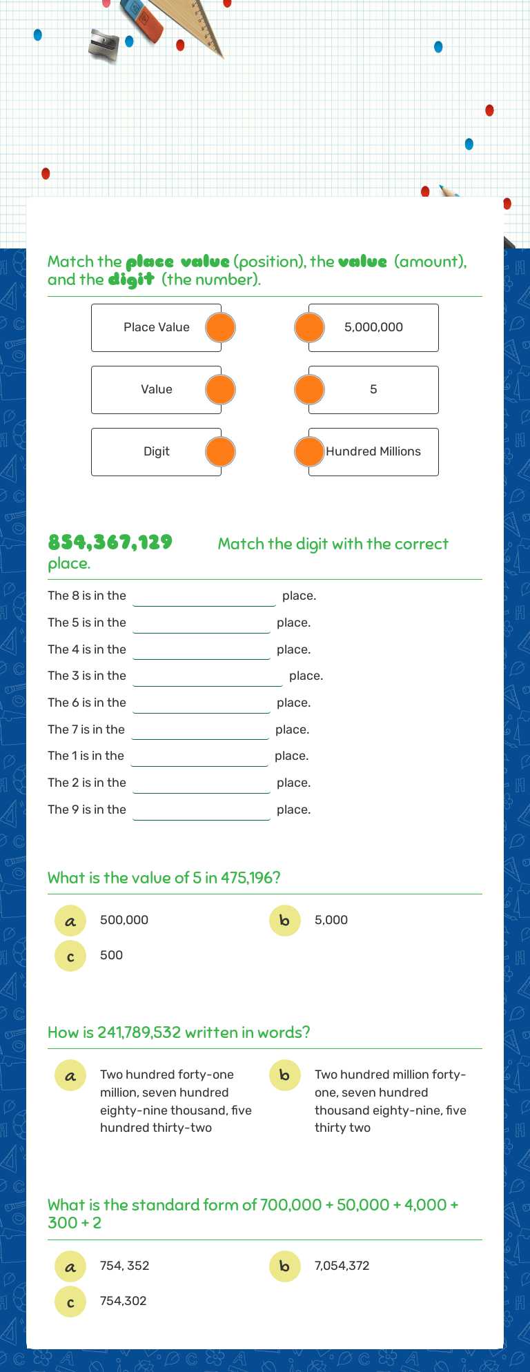 Place value to hundred millions worksheet preview image