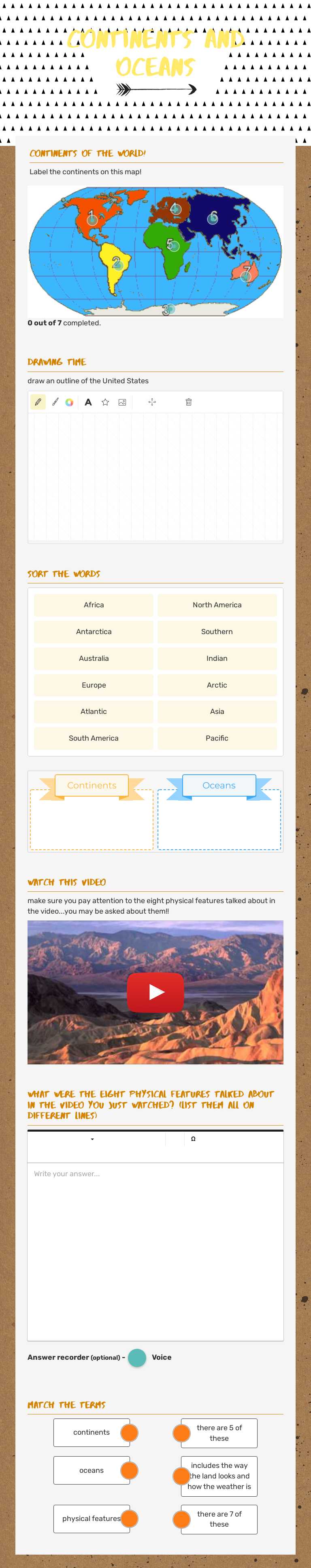 Continents and Oceans worksheet preview image