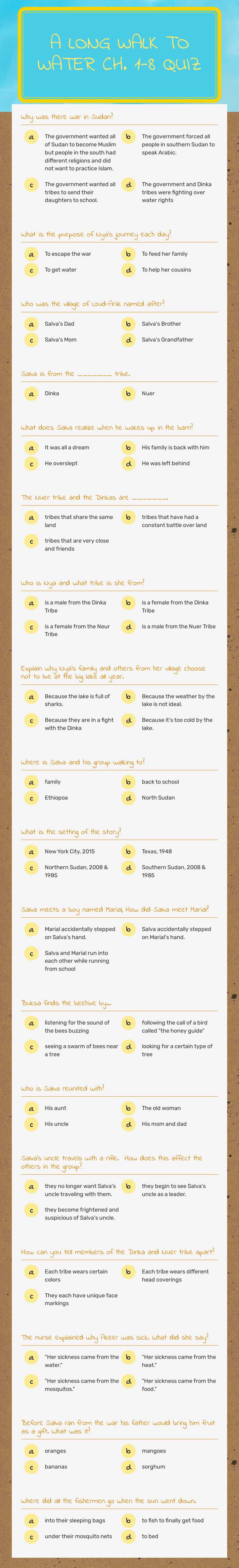 A Long Walk to Water Ch. 1-8 Quiz 22/23 Grade 6 worksheet preview