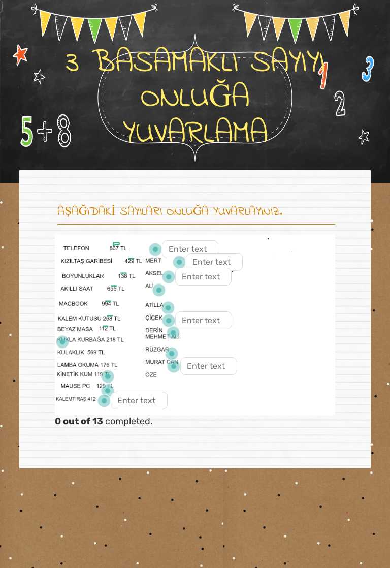 3 BASAMAKLI SAYIYI ONLUĞA YUVARLAMA worksheet preview image