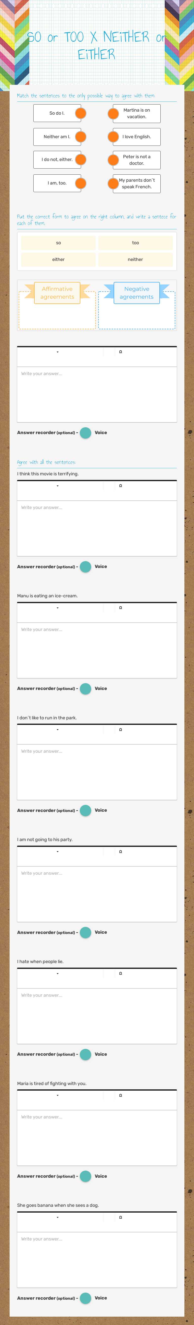 SO or TOO X NEiTHER or EiTHER worksheet preview image
