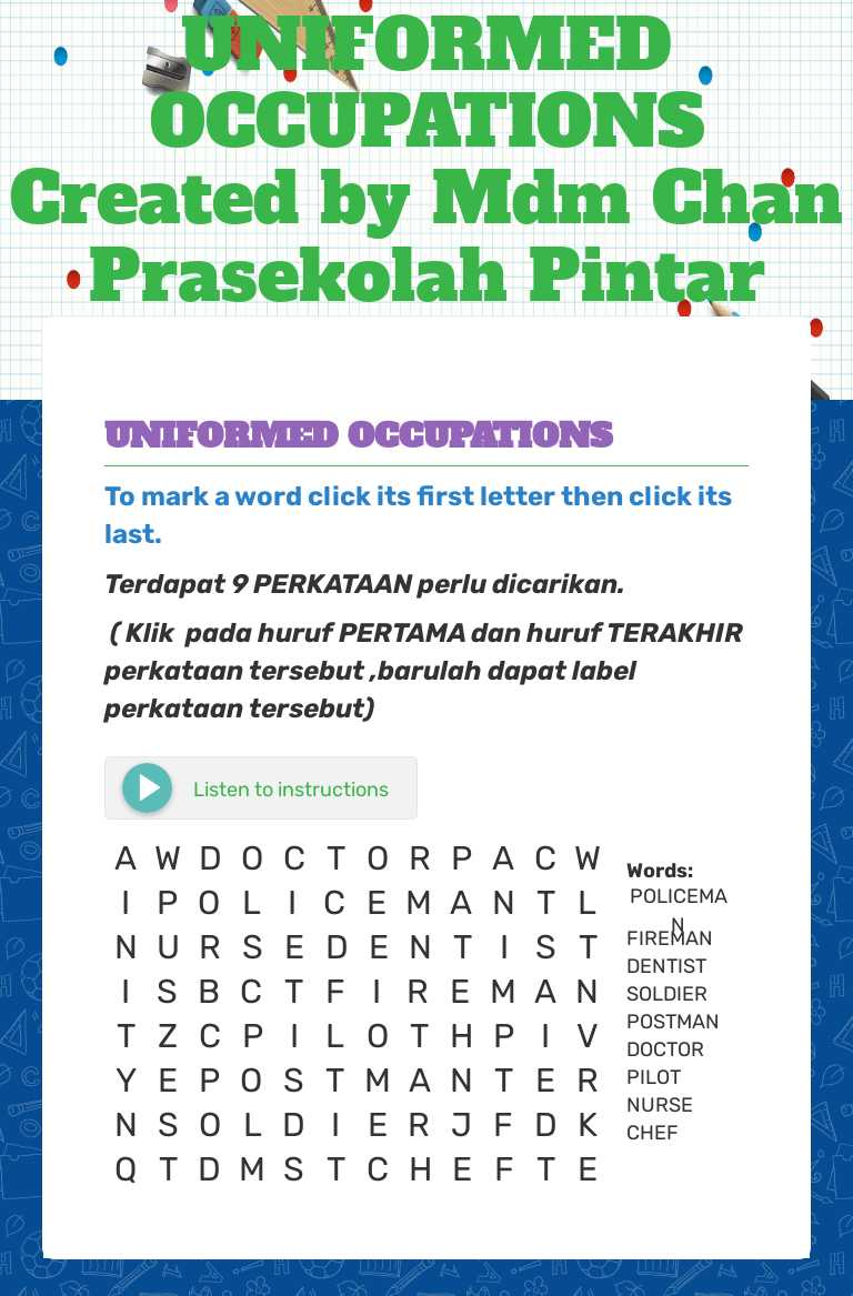 UNIFORMED OCCUPATIONS
Created by Mdm Chan
Prasekolah Pintar SKW worksheet preview image