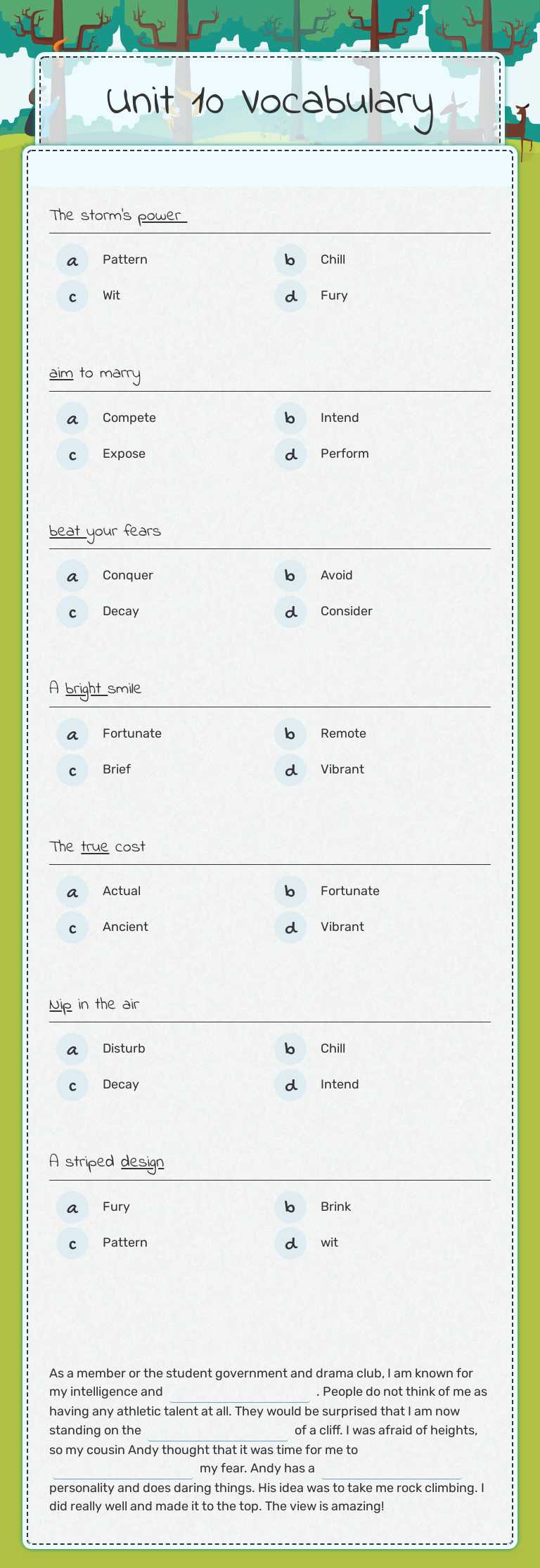 Unit 10 Vocabulary worksheet preview image