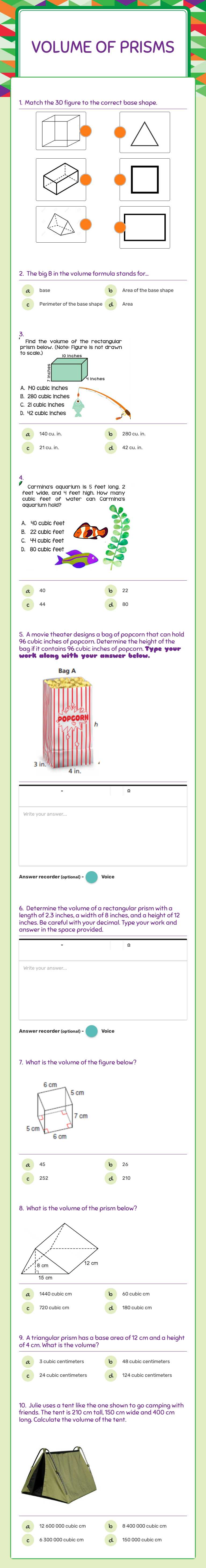 Volume of Prisms worksheet preview image
