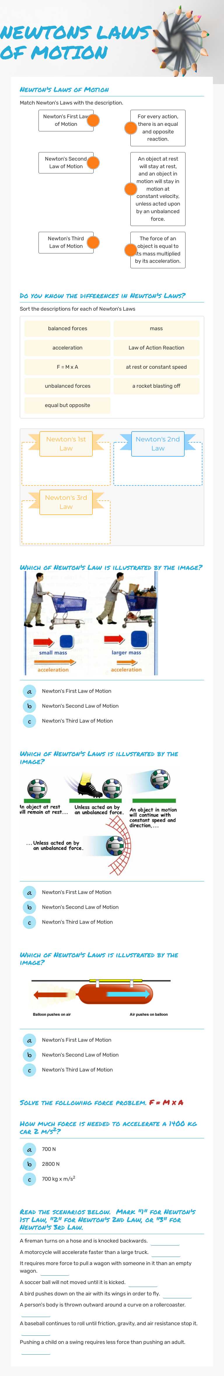 NEWTONS LAWS OF MOTION Grade 8 worksheet preview