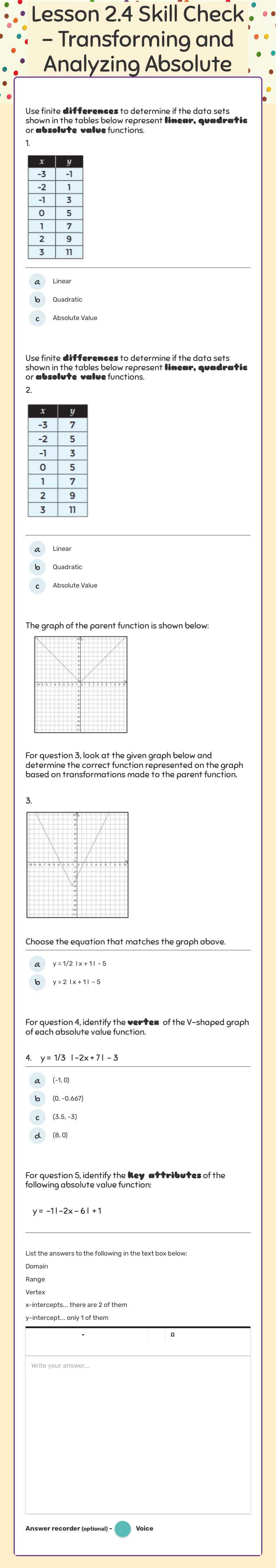 Lesson 2.4 Skill Check - Transforming and Analyzing Absolute Functions worksheet preview image