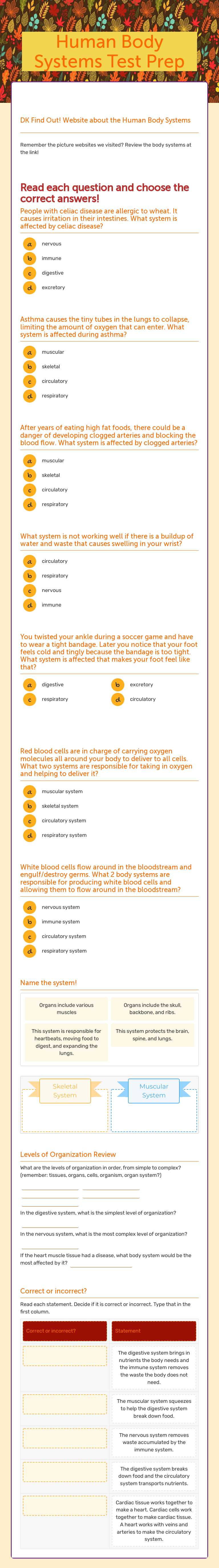 Human Body Systems  Test Prep worksheet preview image
