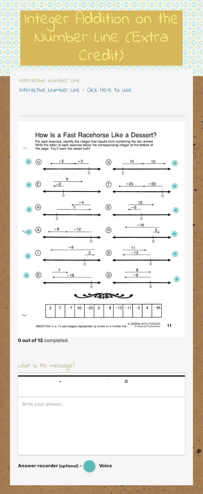 Integer Addition on the Number Line (Extra Credit) Grade 7 worksheet preview