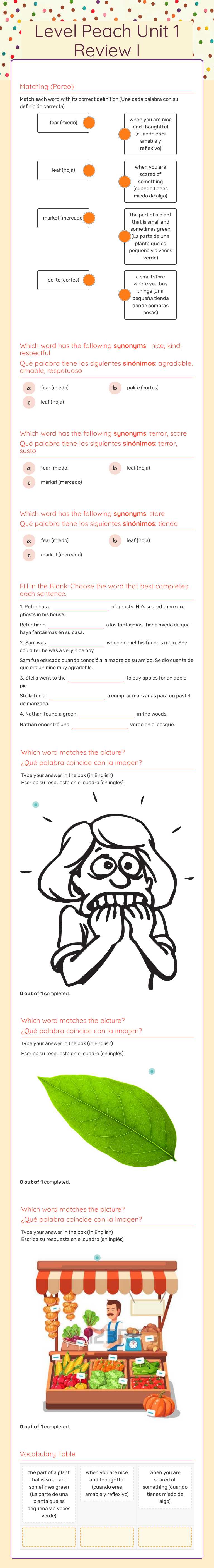 Level Peach Unit 1   Review I worksheet preview image