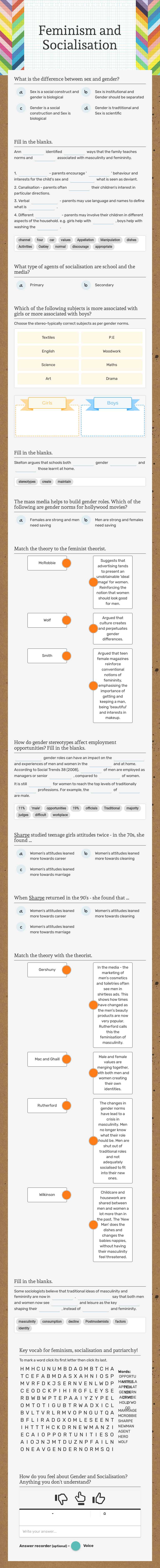Feminism and Socialisation worksheet preview