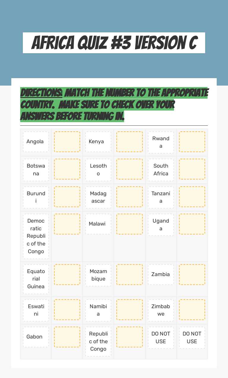 Africa Quiz #3 Version C worksheet preview image