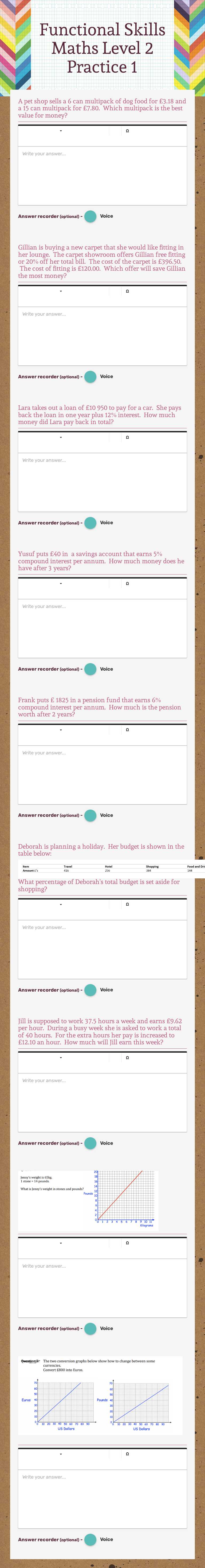 Functional Skills Maths Level 2 Practice 1 worksheet preview image